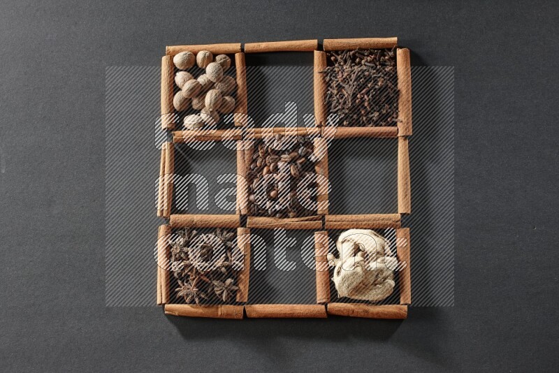 9 squares of cinnamon sticks full of coffee beans in the middle surrounded by nutmeg, dried mint, cloves, dried basil, dried ginger, cinnamon, star anise and cardamom on black flooring