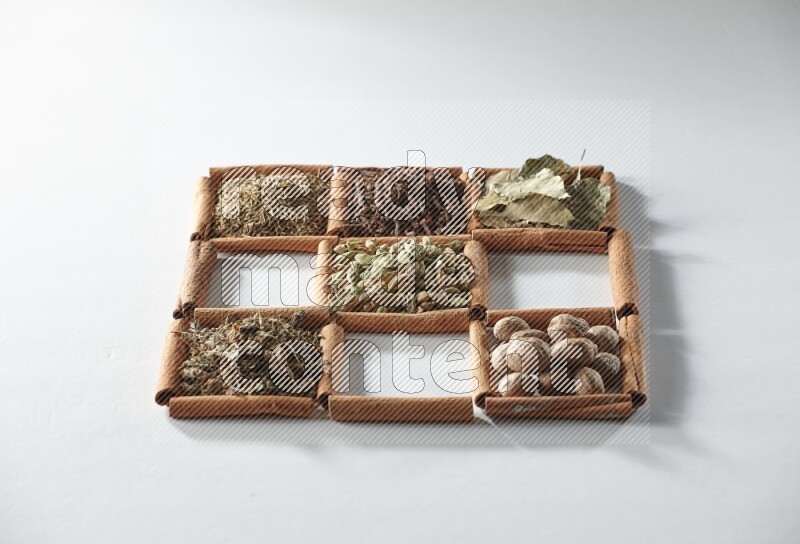 9 squares of cinnamon sticks full of cardamom in the middle surrounded by nutmeg, cinnamon, bay laurel leaves, cloves, cumin, dried ginger, dried basil and star anise on white flooring
