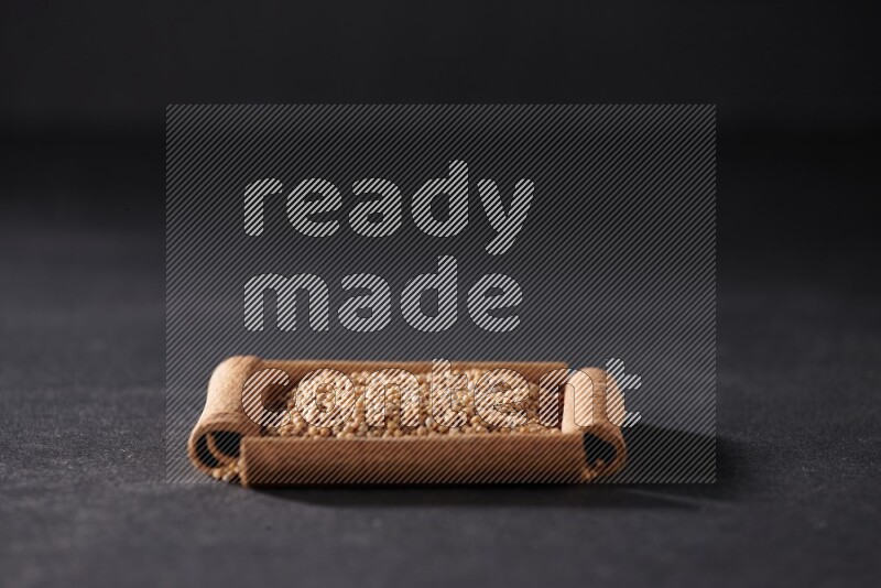 A single square of cinnamon sticks full of mustard seeds on black flooring