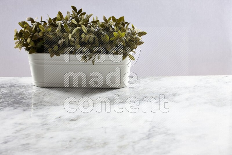 Multiple green artificial plants in white pot on grey marble background