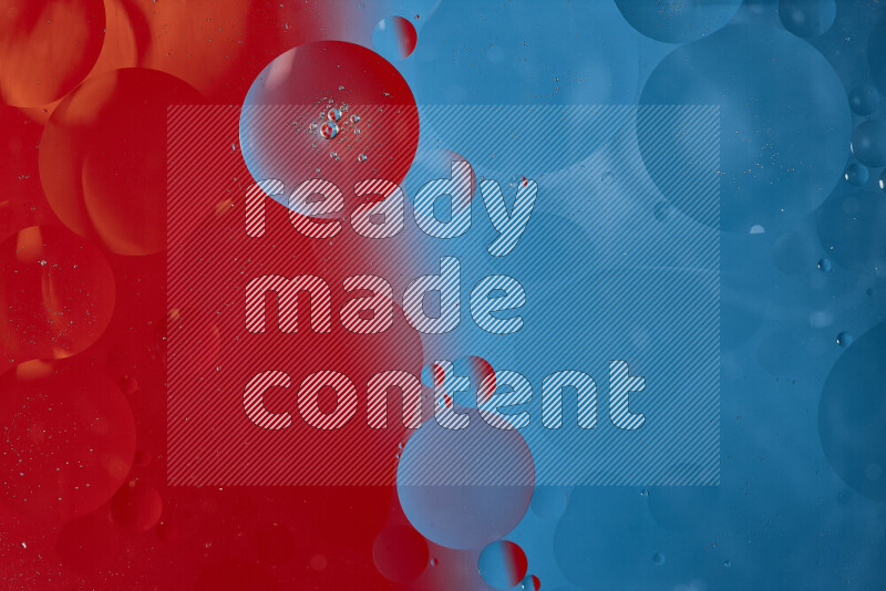 Close-ups of abstract oil bubbles on water surface in shades of blue and red