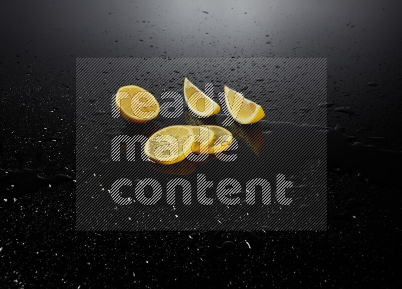 Lemon slices with water drops, and droplets on black background