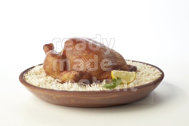 white  basmati Rice with  whole roasted chicken    on a pottery plate  direct  on white background