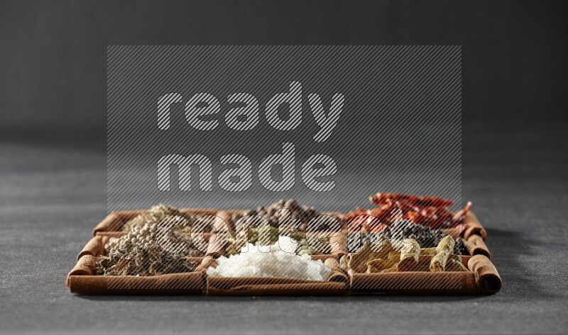 9 squares of cinnamon sticks full of cardamom in the middle surrounded by turmeric fingers, black pepper, chilis, allspice, cumin, white pepper, dried basil and salt on black flooring