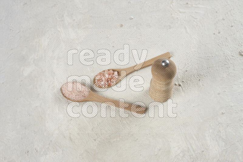 2 wooden spoons filled with fine and coarse salt with wooden grinder beside them on white background