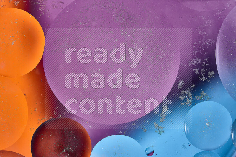 Close-ups of abstract oil bubbles on water surface in shades of blue, orange and purple