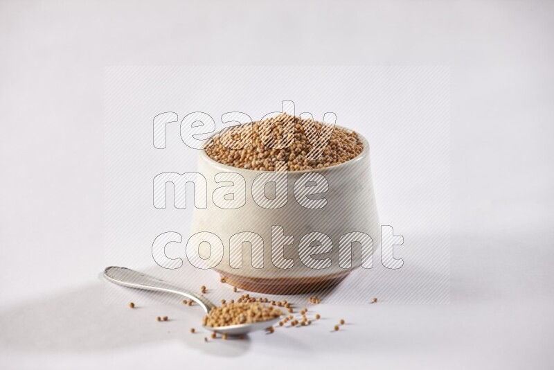 A beige pottery bowl and a metal spoon full of mustard seeds on white flooring