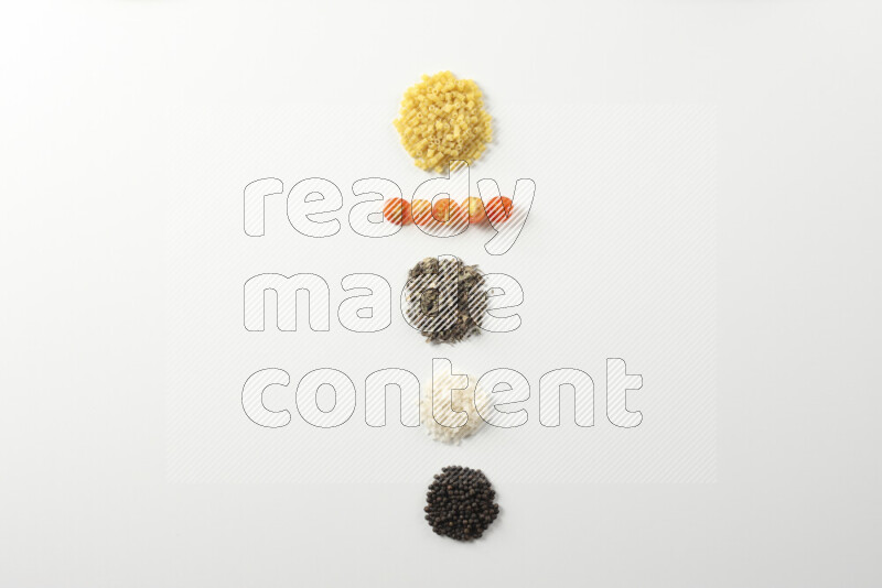 Red sauce pasta recipes ingredients on white background