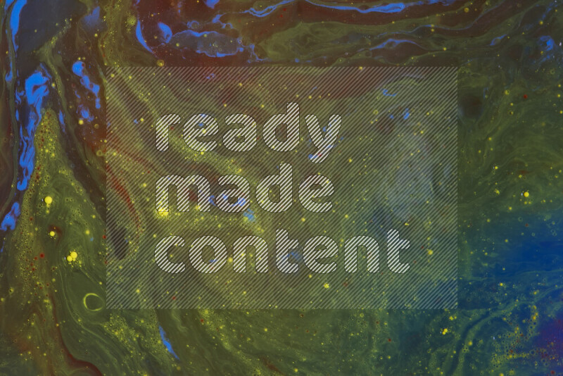 The image depicts a marbling effect with swirling patterns of red, yellow, blue and green