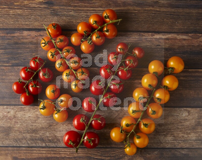 Mixed colors of cherry tomato veins topview on textured vinyl backgrounds