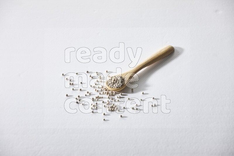 A wooden spoon full of white pepper beads on white flooring