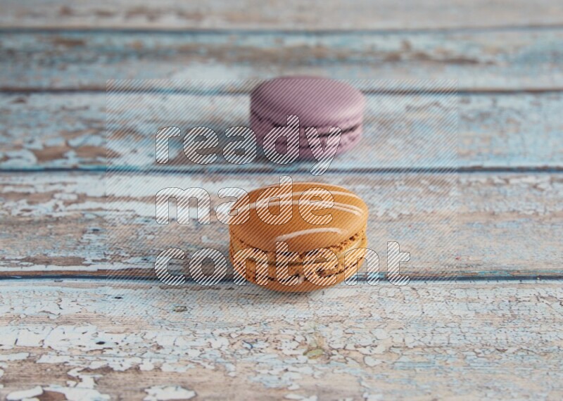 45º Shot of of two assorted Brown Irish Cream, and Purple Blueberry macarons  on light blue background