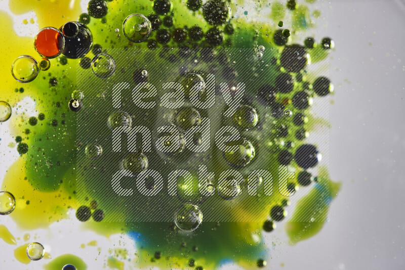 Close-ups of abstract red, blue, yellow and green watercolor drops on oil Surface on white background